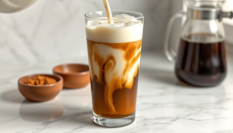 Homemade iced coffee with cream swirl on marble countertop.