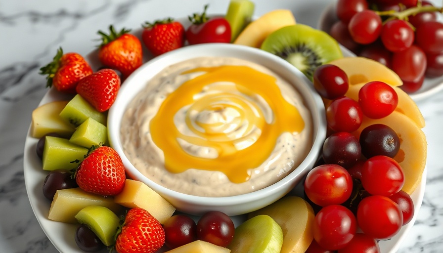 Colorful fresh fruit and Easy Fruit Dip plate with honey drizzle.