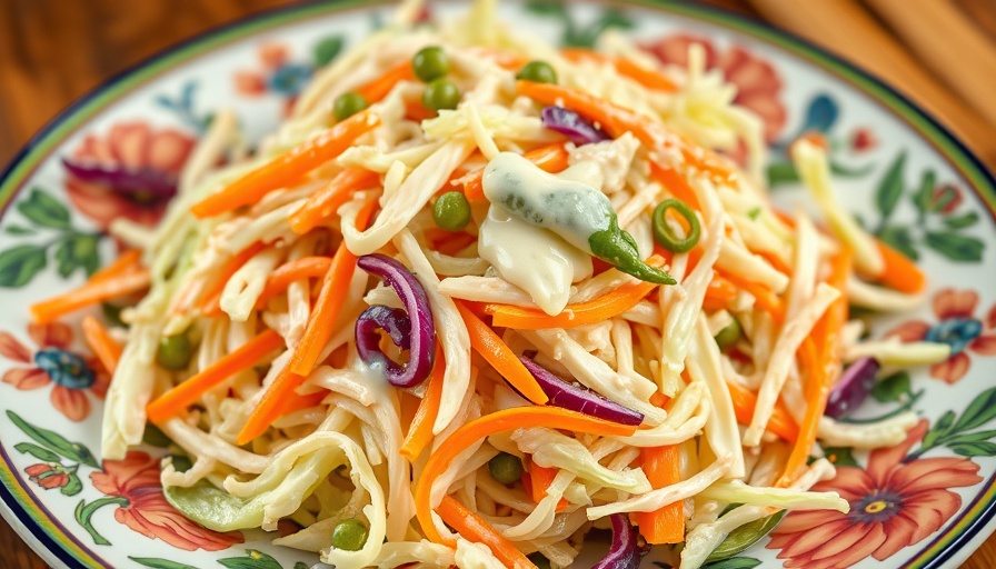 Fresh creamy coleslaw recipe on decorative plate.
