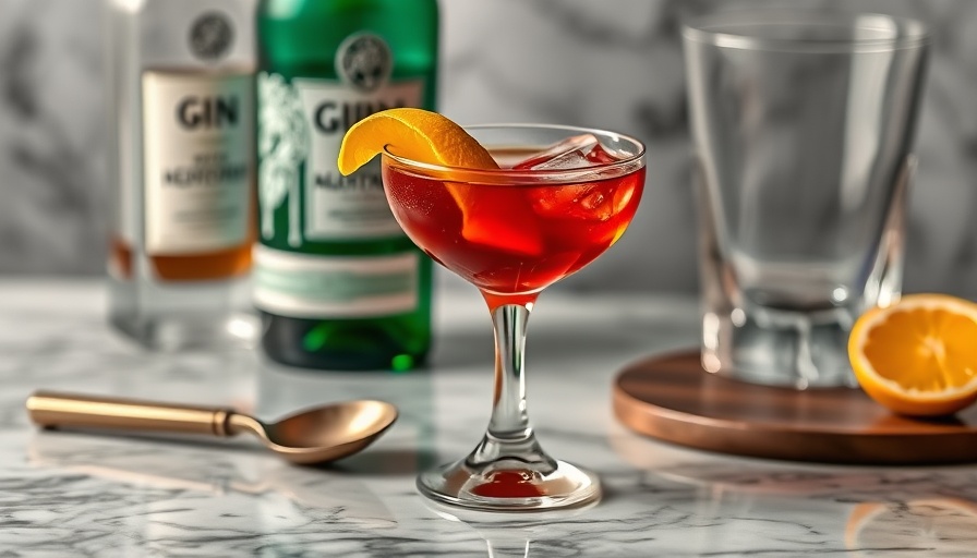 Negroni cocktail recipe with garnish on marble surface.