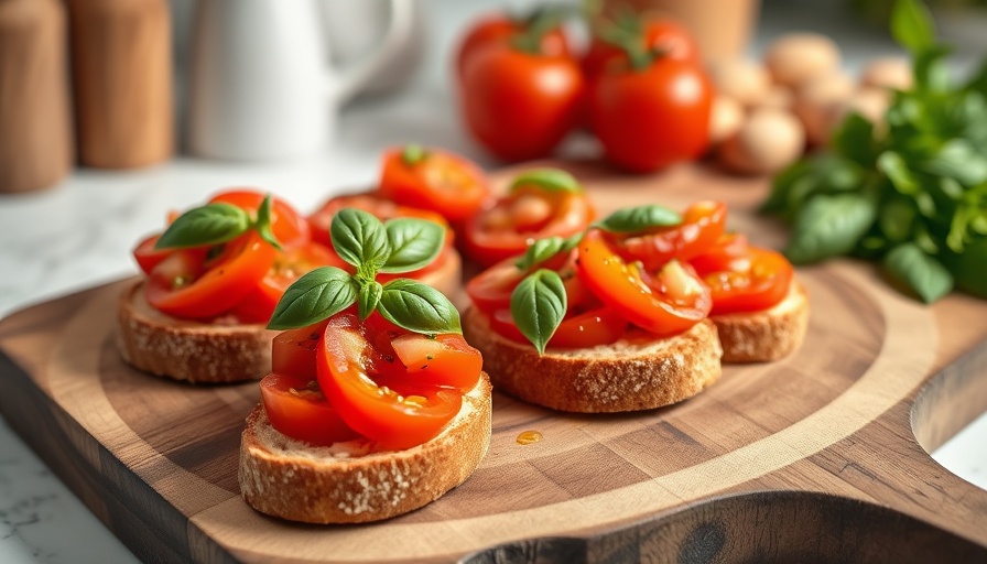 Tomato bruschetta recipe on wooden board with fresh basil and glass of wine.
