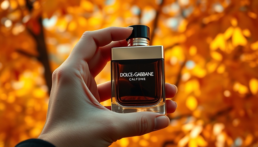 Dolce and Gabbana cologne elegantly held against autumn backdrop.