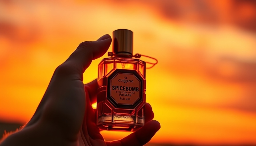 Luxurious Spicebomb cologne bottle held against a sunset.