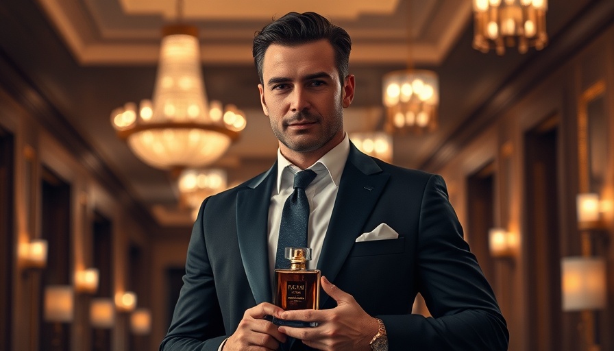 Confident man holding Zara perfume alternative in hotel hallway.