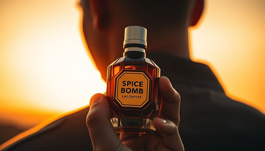 Close-up of hand holding Spicebomb cologne at sunset.