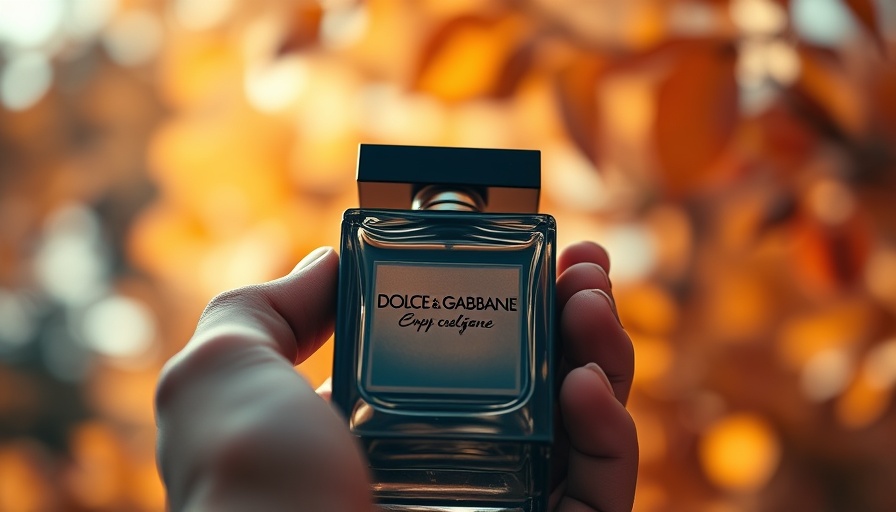 Dolce and Gabbana cologne bottle held against autumn leaves.