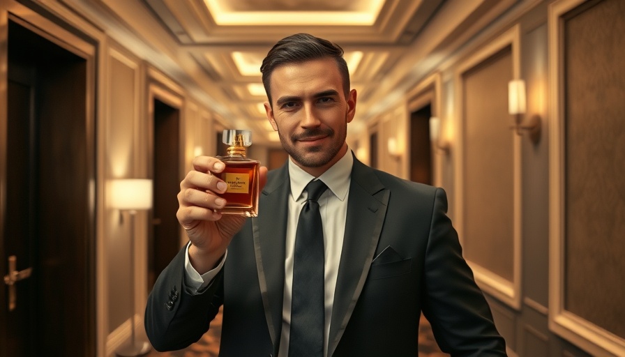 Man in suit showcasing a perfume bottle in a hotel corridor
