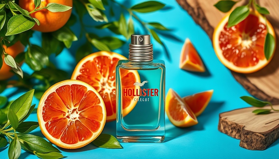 Bright blue Hollister cologne with grapefruit and greens on blue.