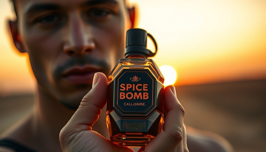 Close-up of hand holding Spicebomb cologne, sunset backdrop.