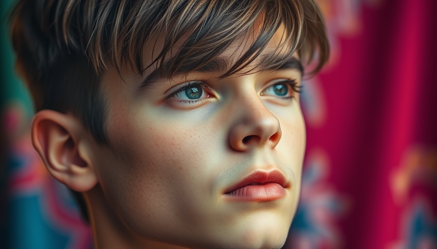 Close-up of styled hair man looking focused, vibrant background.