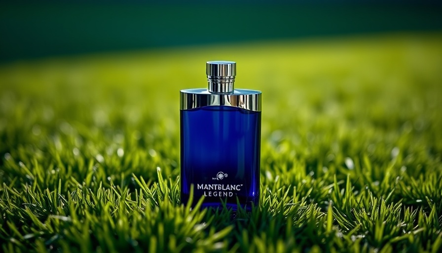 Montblanc Legend Blue Cologne bottle on soccer field.