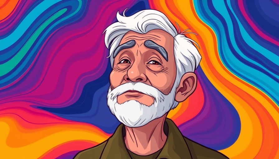 Colorful illustration of older man exploring sound, vibrant waves.