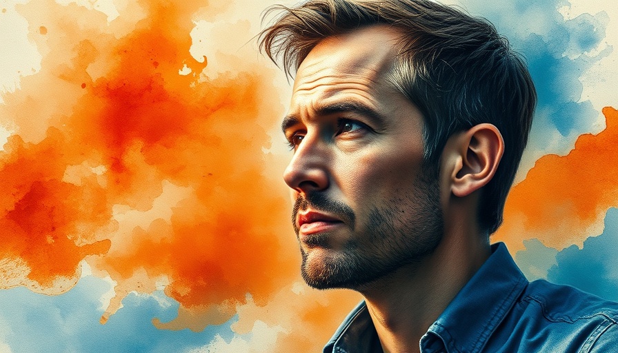 Pensive man overthinking amidst vibrant colors, watercolor painting.