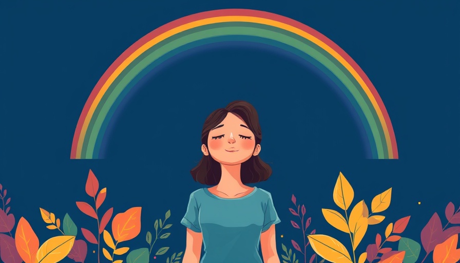 Hopeful woman under a rainbow, hopeful expression, serene surroundings.