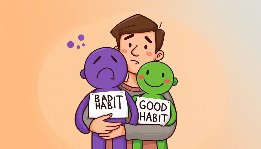Person embracing good and bad habits in colorful cartoon.