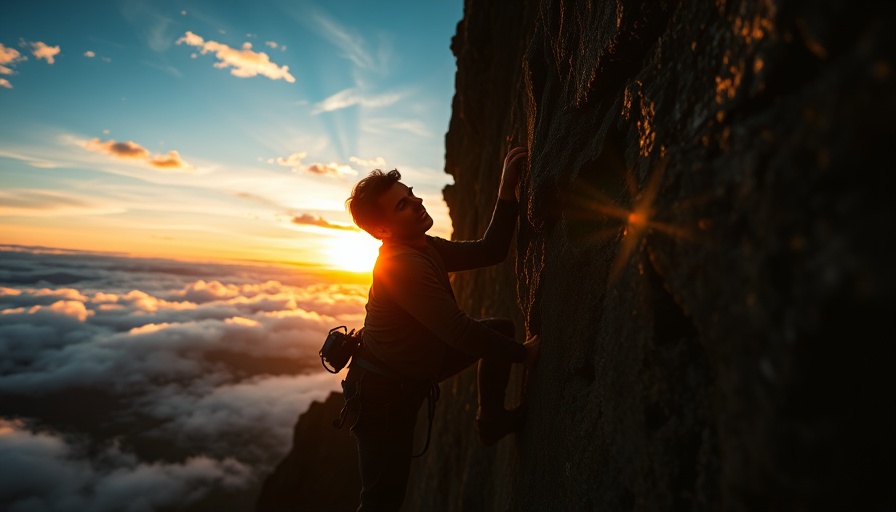 Silhouette of climber reaching on rocky cliff against sunset.