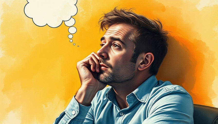 Watercolor art of a man overthinking with thought bubble, warm background.