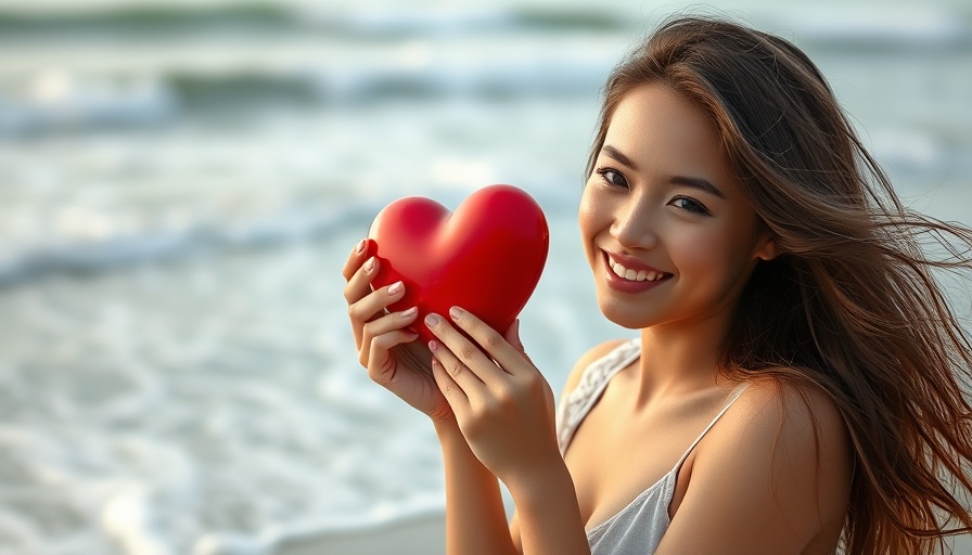 Young woman holding a red heart symbol at the beach for emotional wellness.