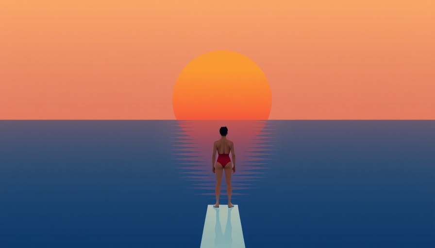 Diver in red swimsuit contemplating on board, calm ocean backdrop.