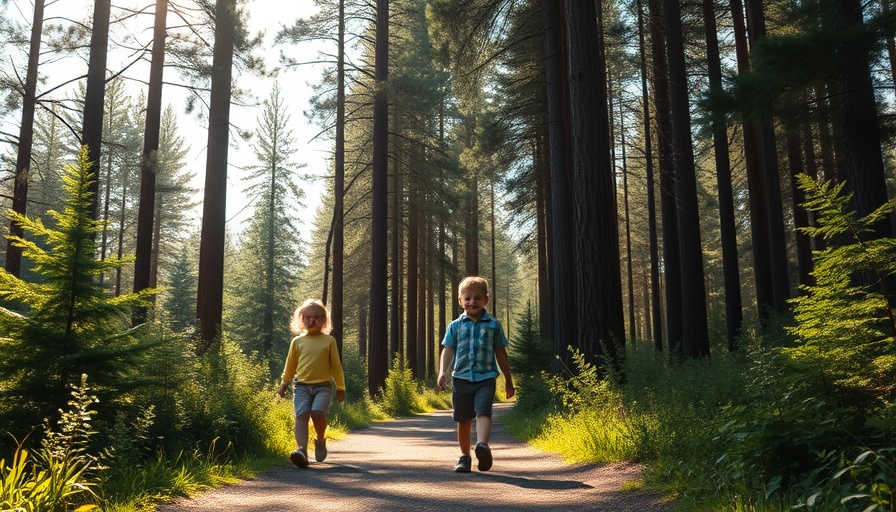 Freedom from Tech Overload: Kids walking peacefully in a sunny forest.