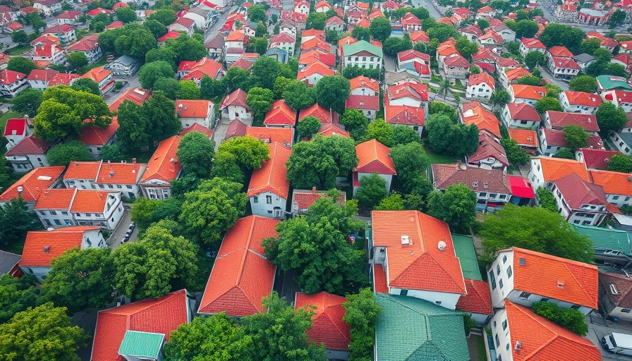 Aerial view of colorful cityscape with green trees