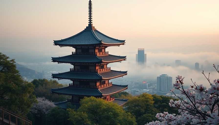 Traditional pagoda overlooking city and mountains, serene view.