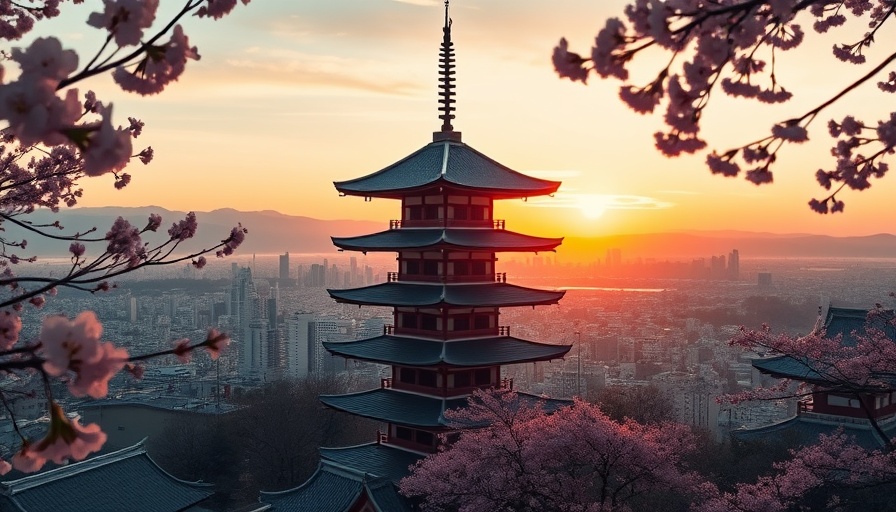 Scenic city view with pagoda and cherry blossoms at sunrise.