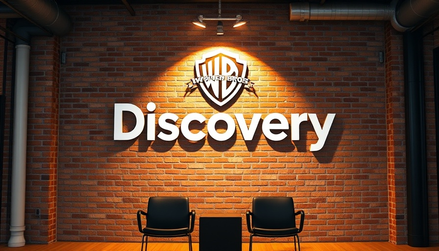 Warner Bros. Discovery logo on brick wall with spotlights overhead.