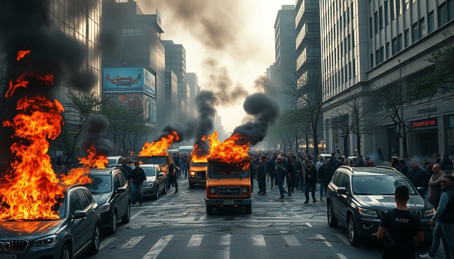 Waymo robotaxis protests with burning vehicles and smoke in urban street.