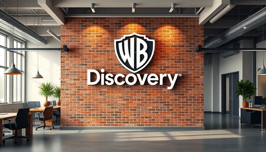 Warner Bros. Discovery logo in industrial office setting.