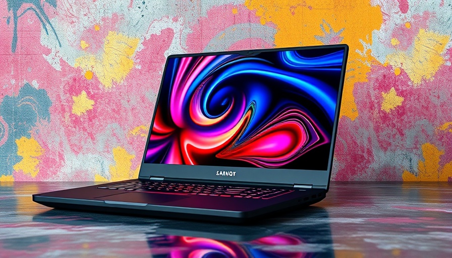 Sleek gaming laptop with vibrant colorful screen, futuristic design.