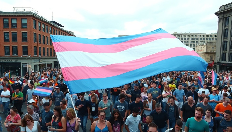 Aerial view of trans rights parade with large pride flag.