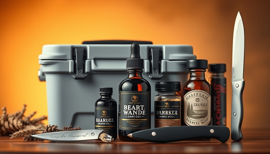 Collection of best gifts for men with beard oil, cooler, spices, knife.