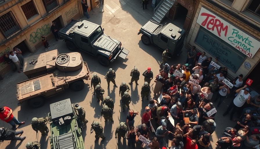 Military vehicles and protestors face-off in urban setting.