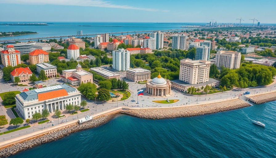 Aerial view of Crimea cityscape with Russian flag and waterfront, illustrating ongoing conflict.