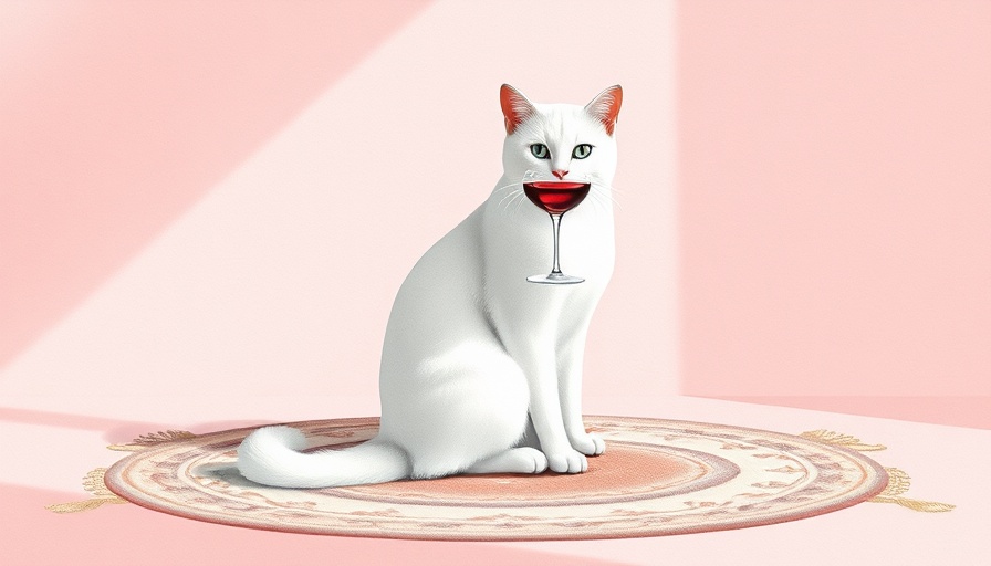 Haruka Aoki Cat Art: Minimalist cat with wine glass on pink backdrop.