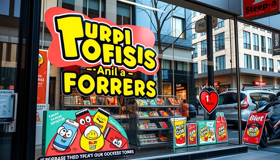 Colorful storefront ad in Brooklyn promoting local goods.