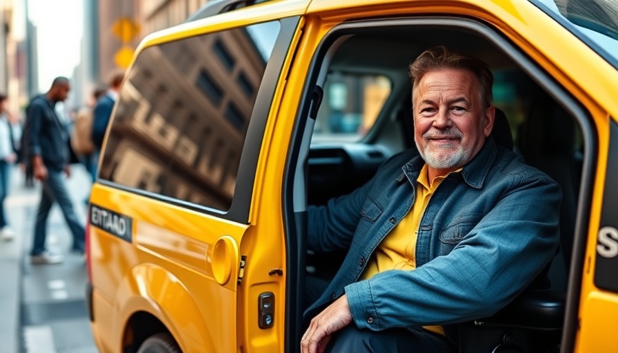 NYC wheelchair accessible taxi with man in wheelchair outdoors.