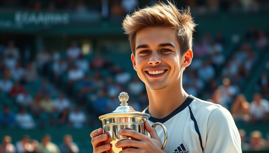 Tennis player holding trophy in a stadium.