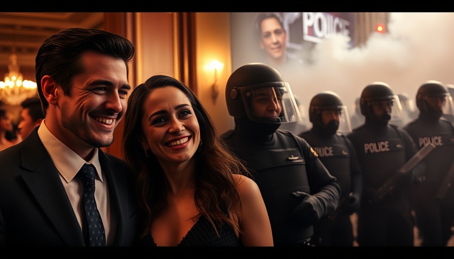 Celebrity activism contrasting formal event and police protest.
