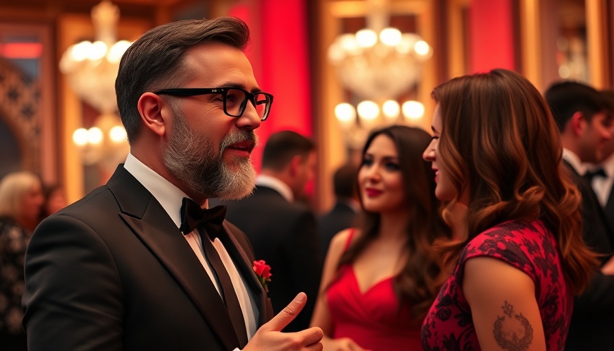 Chris Evans proposal story; a man in a red suit with a woman in formal attire.