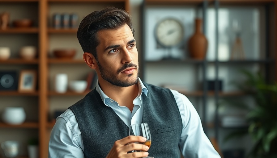 Elegant man holding glass thoughtfully in professional setting
