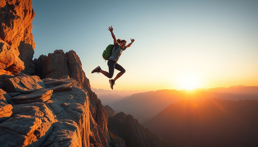 Adventurous hiker jumping on cliff with mountain backdrop