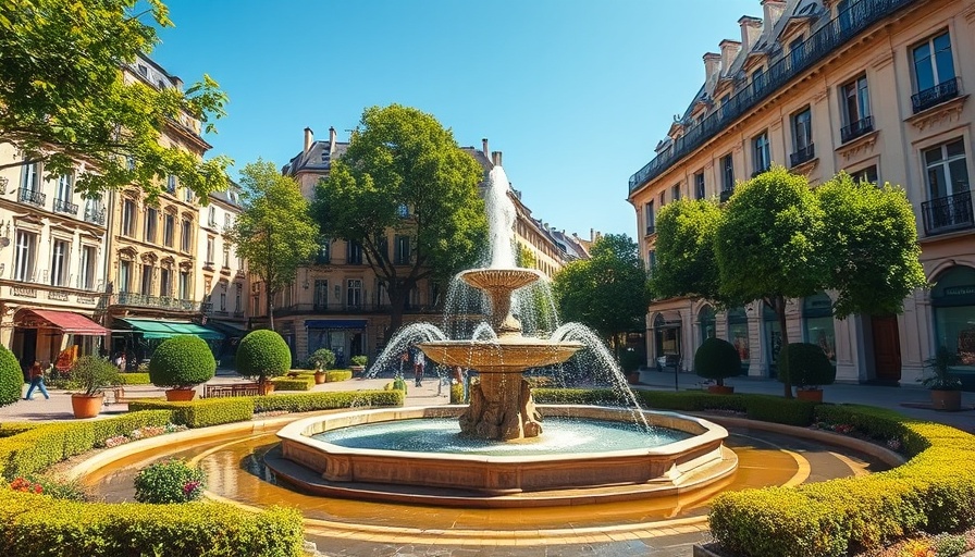 Charming historic square in Paris with fountain and manicured trees.