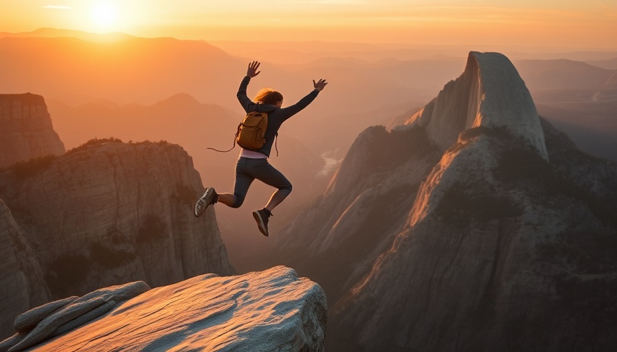 Adventurer leaping on mountain at sunset in Yosemite, SafetyWing travel insurance review.