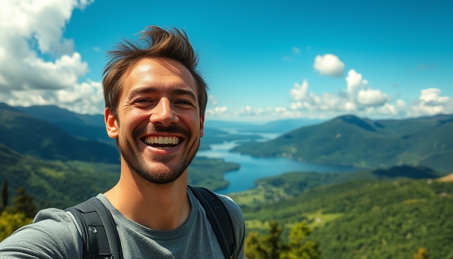 Cheerful man appreciating mountain view, illustrating budget travel tips.