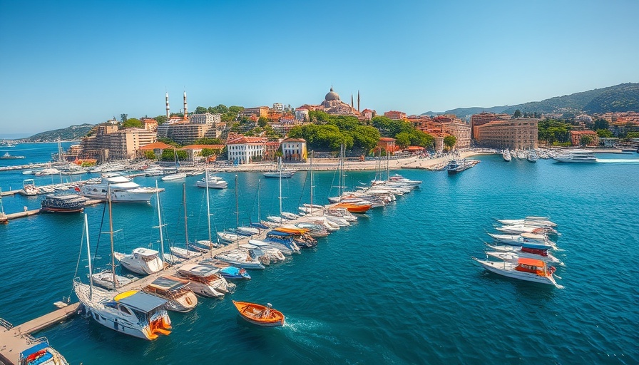 Serene Antalya harbor with boats and historic city backdrop.