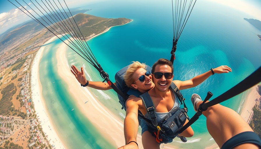 Paragliders over azure waters and beach in adventure travel destination Fethiye.