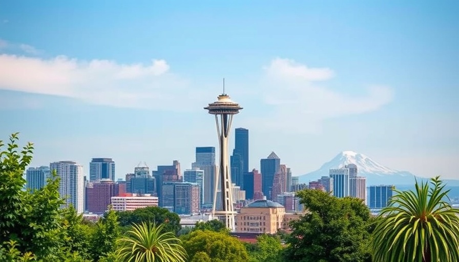 Vibrant Seattle skyline viewed from afar, Mount Rainier backdrop.