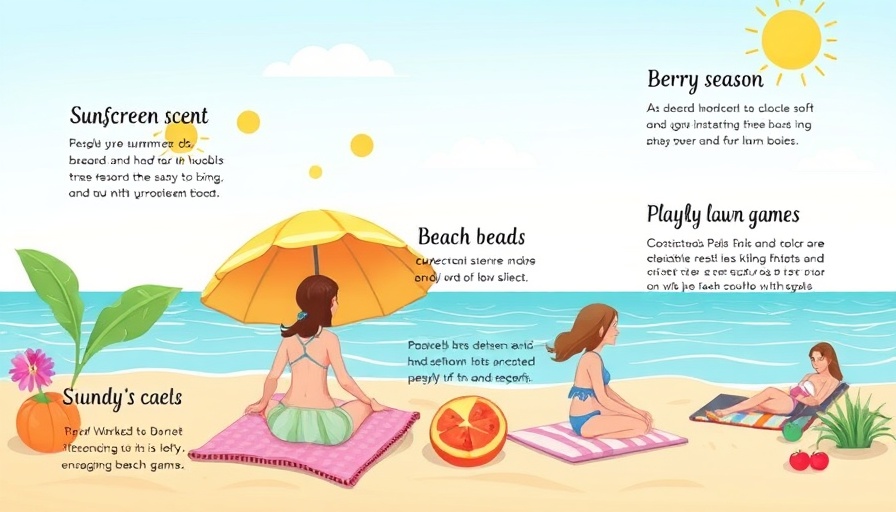 Whimsical illustration of summer lifestyle tips with sunscreen, berries, books, games.